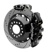 Wilwood AERO4 rear brake kit, Big Ford new-style 2.50-inch offset, 14-inch SRP rotors: Assembled rotor view with a black hydraulic service caliper on the side and a separate black electronic parking caliper above it.