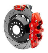Wilwood AERO4 rear brake kit, Big Ford new-style 2.50-inch offset, 14-inch SRP rotors: Assembled rotor view with a red hydraulic service caliper on the side and a separate red electronic parking caliper above it.