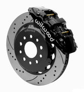 Wilwood AERO6-DS front brake kit, Wrangler JL / Gladiator, 14-inch SRP rotors: Assembled brake view with black AERO6-DS caliper over a drilled & slotted rotor and black central hat; no projecting replacement wheel hub is shown.