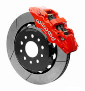Wilwood AERO6-DS front brake kit, Wrangler JL / Gladiator, 14-inch GT rotors: Assembled brake view with red AERO6-DS caliper over a gt slotted rotor and black central hat; no projecting replacement wheel hub is shown.