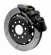 Wilwood AERO6-DS front brake kit, Wrangler JL / Gladiator, 14-inch GT rotors: Assembled brake view with black AERO6-DS caliper over a gt slotted rotor and black central hat; no projecting replacement wheel hub is shown.