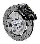 Wilwood Dynapro Radial front brake kit, GM AFX ProSpindles, 11.75-inch SRP rotors: Assembled brake view with black Dynapro Radial caliper, drilled & slotted rotor, silver hat/adapter and projecting hub with wheel studs.