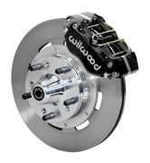 Wilwood Dynapro Radial front brake kit, GM AFX ProSpindles, 11.75-inch plain rotors: Assembled brake view with black Dynapro Radial caliper, plain face rotor, silver hat/adapter and projecting hub with wheel studs.