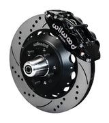 Wilwood Superlite 6R front brake kit, GM AFX ProSpindles, 14-inch SRP rotors: Assembled brake view with black Superlite 6R caliper, drilled & slotted rotor, black hat/adapter and projecting hub with wheel studs.