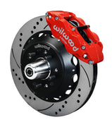 Wilwood Superlite 6R front brake kit, GM AFX ProSpindles, 14-inch SRP rotors: Assembled brake view with red Superlite 6R caliper, drilled & slotted rotor, black hat/adapter and projecting hub with wheel studs.