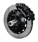 Wilwood Superlite 6R front brake kit, GM AFX ProSpindles, 14-inch GT rotors: Assembled brake view with black Superlite 6R caliper, gt slotted rotor, black hat/adapter and projecting hub with wheel studs.
