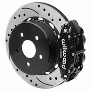 Wilwood Superlite 4R rear brake kit, Wrangler JL, 14-inch SRP rotors: Assembled brake view with black Superlite 4R caliper over a drilled & slotted rotor and black central hat; no projecting replacement wheel hub is shown.