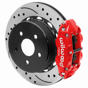 Wilwood Superlite 4R rear brake kit, Wrangler JL, 14-inch SRP rotors: Assembled brake view with red Superlite 4R caliper over a drilled & slotted rotor and black central hat; no projecting replacement wheel hub is shown.