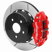 Wilwood Superlite 4R rear brake kit, Wrangler JL, 14-inch GT rotors: Assembled brake view with red Superlite 4R caliper over a gt slotted rotor and black central hat; no projecting replacement wheel hub is shown.