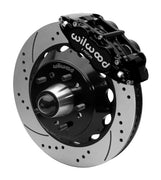 Wilwood Superlite 6R front brake kit, five-lug GM truck/SUV iron ProSpindles, 14-inch SRP rotors: Assembled brake view with black Superlite 6R caliper, drilled & slotted rotor, black hat/adapter and projecting hub with wheel studs.