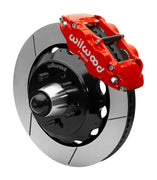 Wilwood Superlite 6R front brake kit, five-lug GM truck/SUV iron ProSpindles, 14-inch GT rotors: Assembled brake view with red Superlite 6R caliper, gt slotted rotor, black hat/adapter and projecting hub with wheel studs.