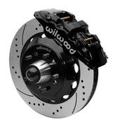 Wilwood AERO6 front brake kit, five-lug GM truck/SUV iron ProSpindles, 14-inch SRP rotors: Assembled brake view with black AERO6 caliper, drilled & slotted rotor, black hat/adapter and projecting hub with wheel studs.