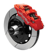 Wilwood AERO6 front brake kit, five-lug GM truck/SUV iron ProSpindles, 14-inch GT rotors: Assembled brake view with red AERO6 caliper, gt slotted rotor, black hat/adapter and projecting hub with wheel studs.
