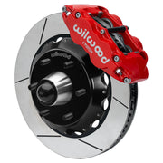 Wilwood Superlite 6R front brake kit, six-lug GM truck/SUV iron ProSpindles, 14-inch GT rotors: Assembled brake view with red Superlite 6R caliper, gt slotted rotor, black hat/adapter and projecting hub with wheel studs.
