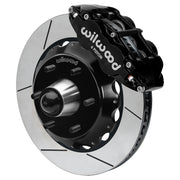Wilwood Superlite 6R front brake kit, six-lug GM truck/SUV iron ProSpindles, 14-inch GT rotors: Assembled brake view with black Superlite 6R caliper, gt slotted rotor, black hat/adapter and projecting hub with wheel studs.