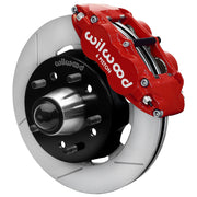Wilwood Superlite 6R front brake kit, later GM truck/van/SUV iron ProSpindles, 12.19-inch GT rotors: Assembled brake view with red Superlite 6R caliper, gt slotted rotor, black hat/adapter and projecting hub with wheel studs.