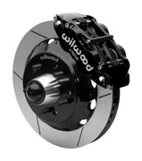 Wilwood Superlite 6R front brake kit, later GM truck/van/SUV iron ProSpindles, 13.06-inch GT rotors: Assembled brake view with black Superlite 6R caliper, gt slotted rotor, black hat/adapter and projecting hub with wheel studs.