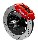 Wilwood Superlite 6R front brake kit, later GM truck/van/SUV iron ProSpindles, 14-inch SRP rotors: Assembled brake view with red Superlite 6R caliper, drilled & slotted rotor, black hat/adapter and projecting hub with wheel studs.