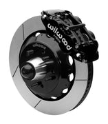 Wilwood Superlite 6R front brake kit, later GM truck/van/SUV iron ProSpindles, 14-inch GT rotors: Assembled brake view with black Superlite 6R caliper, gt slotted rotor, black hat/adapter and projecting hub with wheel studs.