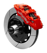 Wilwood AERO6 front brake kit, later GM truck/van/SUV iron ProSpindles, 14-inch GT rotors: Assembled brake view with red AERO6 caliper, gt slotted rotor, black hat/adapter and projecting hub with wheel studs.