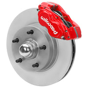 Wilwood Dynalite-M front brake kit, GM second-generation AFX ProSpindles, 11-inch plain rotors: Assembled plain rotor/hub with projecting wheel studs, center cap and red Dynalite-M caliper.