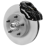 Wilwood Dynalite-M front brake kit, GM second-generation AFX ProSpindles, 11-inch plain rotors: Assembled plain rotor/hub with projecting wheel studs, center cap and black Dynalite-M caliper.