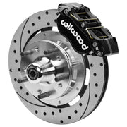 Wilwood Dynapro Radial front brake kit, GM second-generation AFX ProSpindles, 11.75-inch SRP rotors: Assembled brake view with black Dynapro Radial caliper, drilled & slotted rotor, silver hat/adapter and projecting hub with wheel studs.