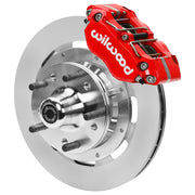 Wilwood Dynapro Radial front brake kit, GM second-generation AFX ProSpindles, 11.75-inch plain rotors: Assembled brake view with red Dynapro Radial caliper, plain face rotor, silver hat/adapter and projecting hub with wheel studs.