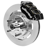 Wilwood Dynapro Radial front brake kit, GM second-generation AFX ProSpindles, 11.75-inch plain rotors: Assembled brake view with black Dynapro Radial caliper, plain face rotor, silver hat/adapter and projecting hub with wheel studs.