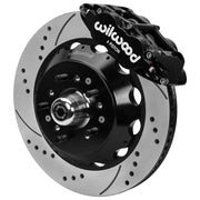 Wilwood Superlite 6R front brake kit, GM second-generation AFX ProSpindles, 14-inch SRP rotors: Assembled brake view with black Superlite 6R caliper, drilled & slotted rotor, black hat/adapter and projecting hub with wheel studs.