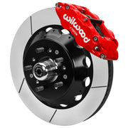 Wilwood Superlite 6R front brake kit, GM second-generation AFX ProSpindles, 14-inch GT rotors: Assembled brake view with red Superlite 6R caliper, gt slotted rotor, black hat/adapter and projecting hub with wheel studs.