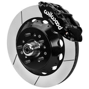 Wilwood Superlite 6R front brake kit, GM second-generation AFX ProSpindles, 14-inch GT rotors: Assembled brake view with black Superlite 6R caliper, gt slotted rotor, black hat/adapter and projecting hub with wheel studs.