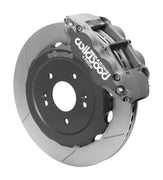 Wilwood Hyundai Veloster front brake assembly with gray hard-anodized Superlite 6R caliper, 13.06-inch GT-slotted rotor and black rotor hat