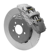 Wilwood BMW M3 and Z3 M Roadster front brake assembly with gray hard-anodized AERO6 caliper, 14.00-inch GT-slotted rotor and black rotor hat