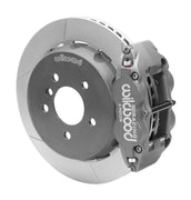 Wilwood BMW M3 rear brake assembly with gray hard-anodized Superlite 4R caliper, 13.00-inch GT-slotted rotor and black rotor hat