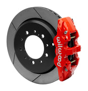Wilwood Land Cruiser J200 and Lexus LX570 rear brake assembly with red AERO4-DS caliper, 14.50-inch GT-slotted rotor and black rotor hat