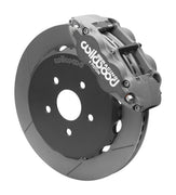 Wilwood Honda Civic and CR-Z front brake assembly with gray hard-anodized Superlite 6R caliper, 12.88-inch GT-slotted rotor and black rotor hat