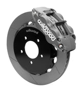 Wilwood Mazda MX-5 Miata front brake assembly with gray hard-anodized Superlite 6R caliper, 12.88-inch GT-slotted rotor and black rotor hat