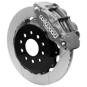 Wilwood C4 Corvette front brake assembly with gray hard-anodized Superlite 6R caliper, 12.88-inch GT-slotted rotor and black rotor hat