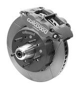 Wilwood Camaro and Firebird front brake assembly with gray hard-anodized Superlite 4R caliper, 13.06-inch GT-slotted rotor and central studded aluminum hub