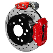 Wilwood Big Ford New Style Bronco 2.36-inch-offset axle rear assembly with a 12.19-inch drilled-and-slotted rotor, red Dynalite hydraulic service caliper and smaller electric parking caliper with motor housing