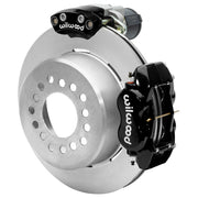 Wilwood Big Ford New Style 2.36-inch-offset axle rear assembly with a 12.19-inch plain-face rotor, black Dynalite hydraulic service caliper and smaller electric parking caliper with motor housing