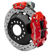 Wilwood Big Ford New Style 2.36-inch-offset axle rear assembly with a 12.88-inch drilled-and-slotted rotor, red Superlite 4R hydraulic service caliper and smaller electric parking caliper with motor housing
