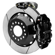 Wilwood Big Ford New Style 2.36-inch-offset axle rear assembly with a 14.00-inch GT-slotted rotor, black Superlite 4R hydraulic service caliper and smaller electric parking caliper with motor housing