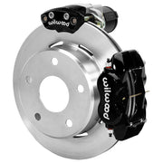Wilwood Big Ford Bronco 2.00-inch-offset axle rear assembly with a 12.19-inch plain-face rotor, black Dynalite hydraulic service caliper and smaller electric parking caliper with motor housing