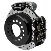 Wilwood Big Ford 2.36-inch-offset axle rear assembly with an 11.00-inch drilled-and-slotted rotor, black Dynapro Low Profile hydraulic service caliper and smaller electric parking caliper with motor housing