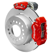 Wilwood Big Ford 2.36-inch-offset axle rear assembly with a 12.19-inch plain-face rotor, red Dynalite hydraulic service caliper and smaller electric parking caliper with motor housing