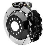 Wilwood Big Ford 2.36-inch-offset axle rear assembly with a 12.88-inch GT-slotted rotor, black Superlite 4R hydraulic service caliper and smaller electric parking caliper with motor housing