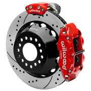 Wilwood Big Ford 2.36-inch-offset axle rear assembly with a 14.00-inch drilled-and-slotted rotor, red Superlite 4R hydraulic service caliper and smaller electric parking caliper with motor housing