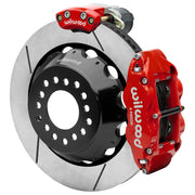 Wilwood Big Ford 2.36-inch-offset axle rear assembly with a 14.00-inch GT-slotted rotor, red Superlite 4R hydraulic service caliper and smaller electric parking caliper with motor housing